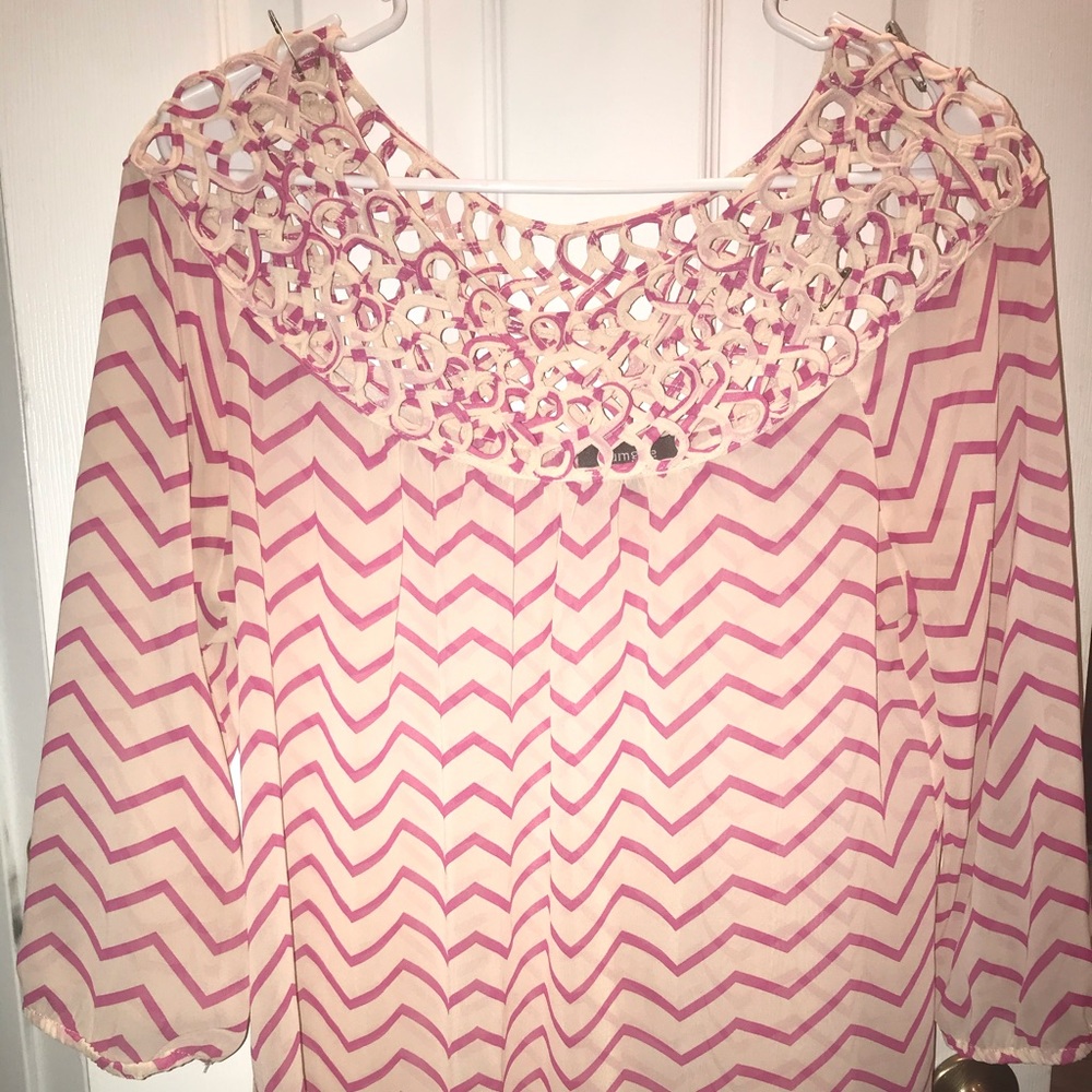 Umgee pink & offwhite chevron stripe sheer top